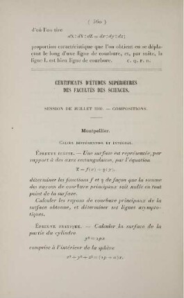 Certificats d'études supérieures des Facultés des Sciences. Session de juillet 1900. Compositions.
