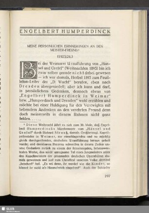 Engelbert Humperdinck. Meine persönlichen Erinnerungen an den Meister-Freund. (1923/24)