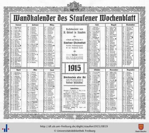 Wandkalender 1915