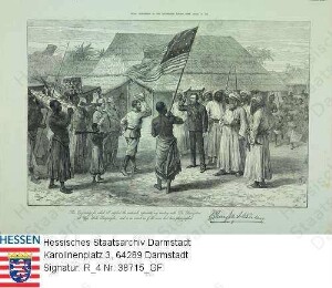 Livingstone, David Dr. (1813-1873) / Treffen von Henry M[orton] Stanley (1841-1904) mit Dr. Livingstone in Ujiji am Ufer des Sees Tangayika (Tansania), Szenenbild, mit faksimilierter Unterschrift von Stanley