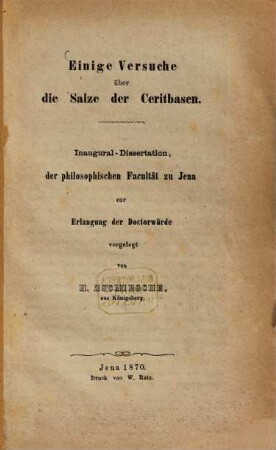 Einige Versuche über die Salze der Ceritbasen : Inaug. Diss.