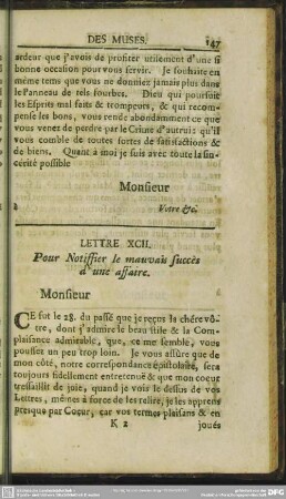 Lettre XCII. Pour Notiffier le mauvais succes d'une affaire