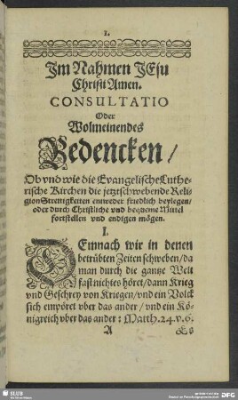 Consultatio Oder Wolmeinendes Bedencken