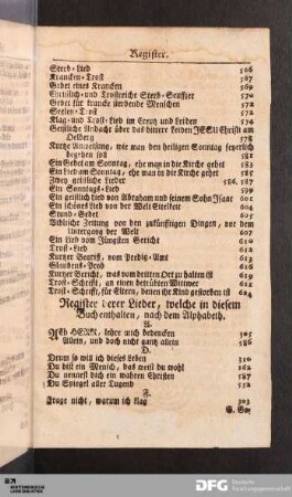 Register derer Lieder, welche in diesem Buch enthalten, nach dem Alphabeth.