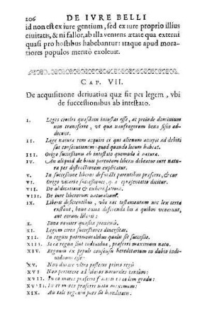 Cap. VII. De acquisitione derivativa quæ fit per legem, ubi de successionibus ab intestato. - Cap. VIII. De acquisitionibus quæ vulgò dicuntur iuris Gentium.