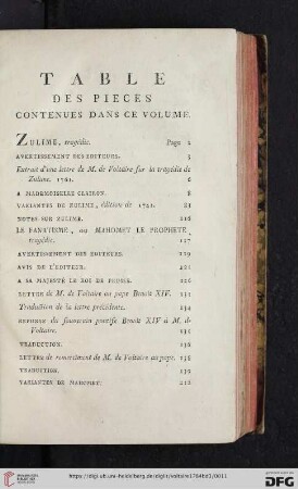 Table des pieces contenues dans ce volume