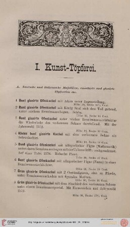 I. Kunst-Töpferei (Nr. 1-341)