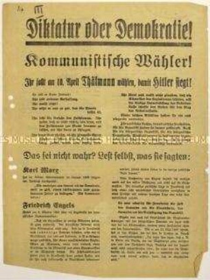 Aufruf der SPD an KPD-Anhänger zur Wahl von Paul von Hindenburg zum Reichspräsidenten 1932