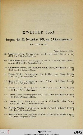 Zweiter Tag Samstag, den 20. November 1937, um 3 Uhr nachmittags (Nr. 208-376)