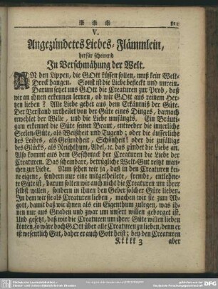 V. Angezündetes Liebes-Flämmlein, herfür scheinend In Verschmähung der Welt