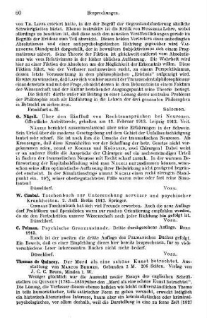 60, O. Nägeli. Über den Einfluß von Rechtsansprüchen bei Neurosen. 1913 / W. Cimbal. Taschenbuch zur Untersuchung nervöser und psychischer Krankheiten. 1913 / C. Pelman. Psychische Grenzzustände. 1913