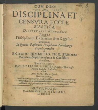 De Disciplina Et Censura Ecclesiastica Dissertatio Synodalis Tertia : Disciplinam Externam sive Regalem describens