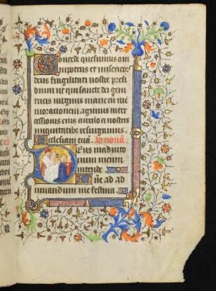 Initiale D, historisiert (Darbringung im Tempel), mit Fadenrankenbordüre