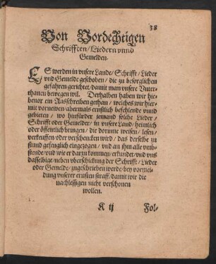 Von Vordechtigen Schrifften/ Liedern unnd Gemelden.
