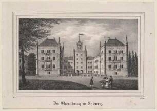 Das neogotisch umgestaltete Schloss Ehrenburg in Coburg in Oberfranken (heute Bayern) vom Schlossplatz im Nordosten, aus der Zeitschrift Saxonia 1836