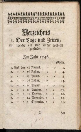 Verzeichnis 1. Der Tage und Zeiten, auf welche ein und ander Gedicht zu finden.