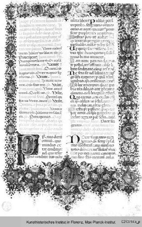 Psalter : Buchseite mit Randbordüre, eingeschlossenen Medaillons, Text und historisierter Initiale P mit dem auferstandenen Christus