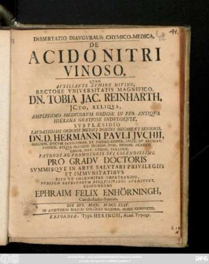 Dissertatio Inavgvralis Chymico-Medica, De Acido Nitri Vinoso : Die XVI. Maji. M DCC XXXV. ...