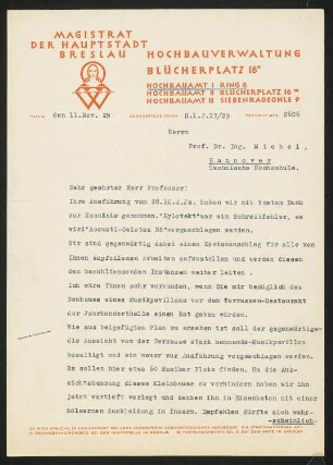 Jahrhunderthalle, Breslau Akustikgutachten: Brief von Konwiarz an Michel (zweiseitig)
