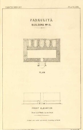 Plate XVII. Pankuliya. Building No. 15. Plan. Front elevation.