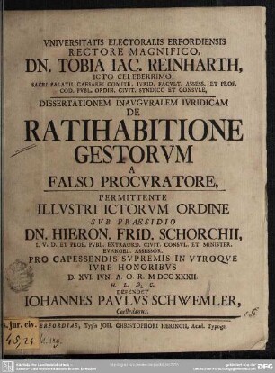 Universitatis Electoralis Erfordiensis ... Dissertationem Inauguralem Iuridicam De Ratihabitione Gestorum A Falso Procuratore