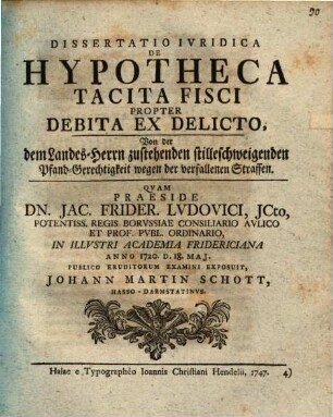 Diss. iur. de hypotheca tacita fisci propter debita ex delicto