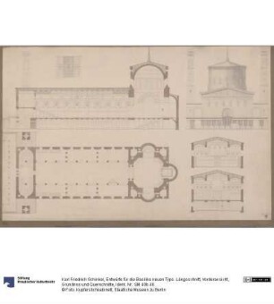 Entwürfe für die Basilika neuen Typs. Längsschnitt, Vorderansicht, Grundriss und Querschnitte