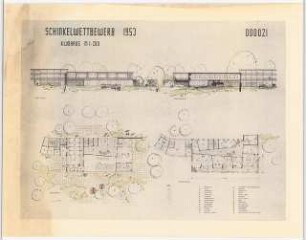 Wohnhausgruppe im sozialen Wohnungsbau Schinkelwettbewerb 1954: Ansichten, Grundrisse EG und OG des Klubhauses 1:200