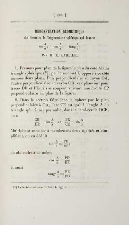 Démonstration géométrique des formules de Trigonométrie sphérique qui donnent ...