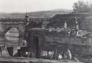 Dresden vom linken Elbufer unterhalb der Festungswerke : Wäsche aufhängen, Gemäldeausschnitt, 1748