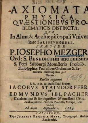 Axiomata Physica, Qvaestionibvs Problematicis Distincta