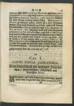 Ad Cap. I. Partis Tertiae Judicatoriae. Vom Unterscheid der heutigen Italiänischen/ Frantzösischen/ Englischen und Teutschen Music