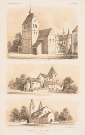Klosterkirche Mittelzell, St. Georg, Oberzell, Stiftskirche Unterzell, Reichenau: Perspektivische Ansichten (aus: Atlas zur Zeitschrift für Bauwesen, hrsg. v. G. Erbkam, Jg. 19, 1869)