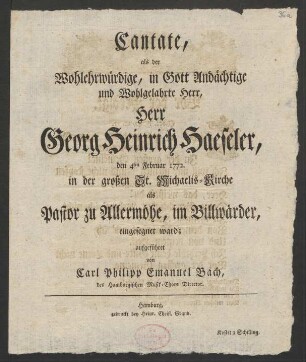 Einführungsmusik Häseler 1772; V (4), Coro, orch; BR-CPEB Fp 45; H 821d; Wq n.v. 73