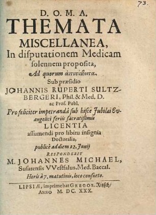 Themata Miscellanea, In disputationem Medicam solennem proposita