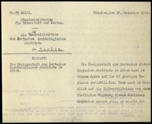 Glückwunschschreiben des Bayerischen Staatsministeriums für Unterricht und Kultus an die Zentraldirektion