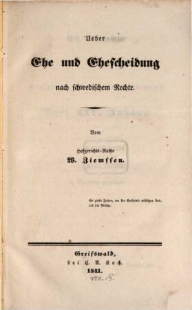 Ueber Ehe u. Ehescheidung nach schwedischem Rechte