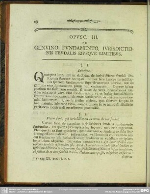 Opusc. III. De Genuino Fundamento Iurisdictionis Feudalis Eiusque Limitibus