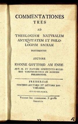Commentationes Tres Ad Theologiam Naturalem Antiquitatem Et Philologiam Sacram Pertinentes