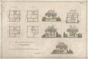 Reiffenstuel, Carl; Würzburg; Städt. Gaswerk, Direktionsgebäude - Grundriss, Grundriss Keller, Grundriss EG, Grundriss 1. OG, Ansichten, Schnitt