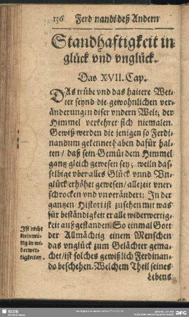 Standhaftigkeit in glück und unglück. Das XVII. Cap.