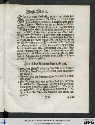 Erläuterung Einiger Fragen/ welche das Impressum Triumph des Böhmischen Chur-Rechts bey der vorstehenden Kaiser-Wahl betreffen.