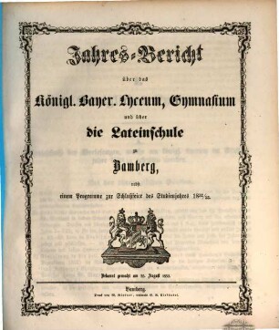 Jahres-Bericht über das Königl. Bayer. Lyceum, Gymnasium und über die Lateinische Schule zu Bamberg. 1852/53