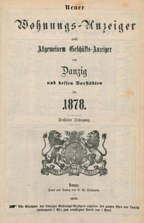 1878: Neuer Wohnungs-Anzeiger nebst allgemeinem Geschäfts-Anzeiger von Danzig und dessen Vorstädten