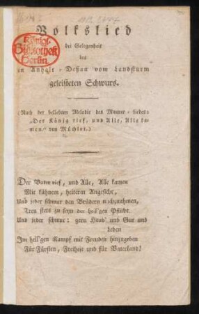Volkslied bei Gelegenheit des in Anhalt-Deßau vom Landsturm geleisteten Schwurs.