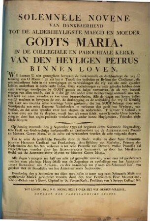 Solemnele Novene Van Dankbaerheyd Tot De ... In De Collegiale En Parochiale Kerke Van Den heyligen Petrus Binnen Loven