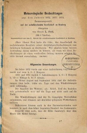 Meteorologische Beobachtungen aus den Jahren 1872, 1873, 1874