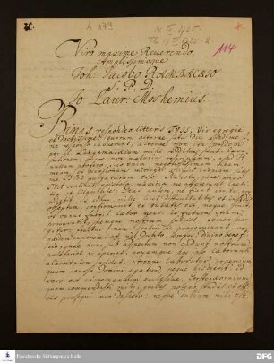 Brief von Johann Lorenz Mosheim an Johann Jacob Rambach.