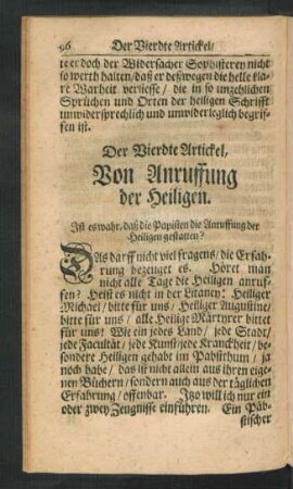 Der Vierdte Artickel, Von Anruffung der Heiligen.