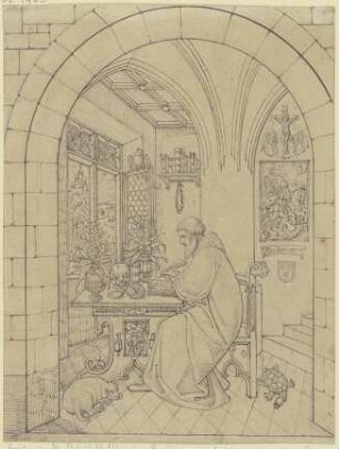 Albertus Magnus in einem gotischen Zimmer studierend, links sein Hund, rechts eine Schildkröte